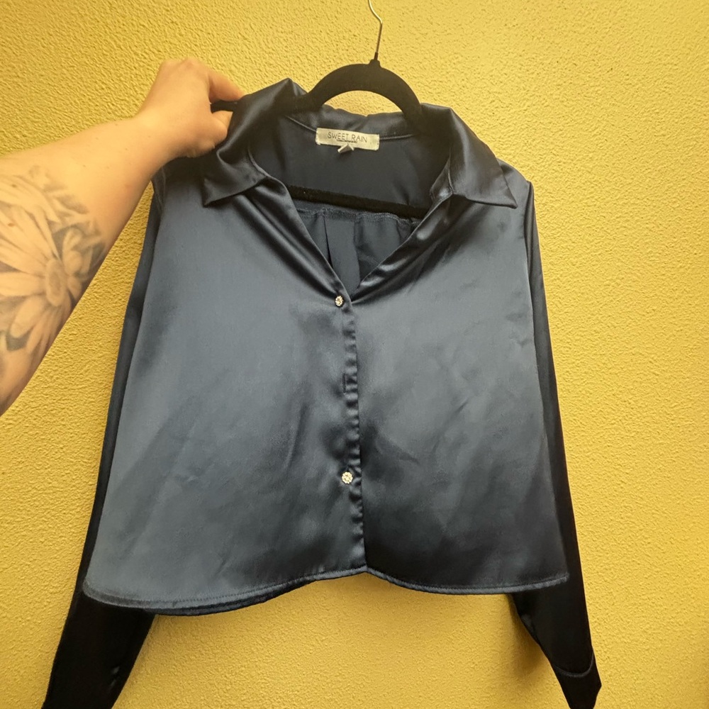 Sweet Rain Midnight Blue Satin Button Down Shirt